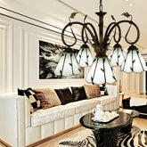 Vintage Beige Glass Cone Pendant Chandelier with Metal Chain - Perfect for Libraries - The dimensions of this product are 20 to 24 inches in size, with a fixture width of 23.5 inches, a fixture height of 16 inches, and a chain or cord le